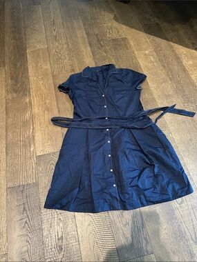Brooks Brothers Navy Button-Front Mini Shirt Dress with Waist Tie